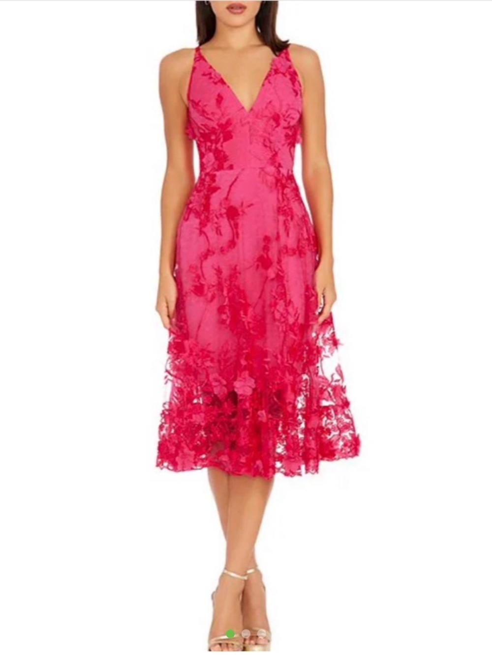 NWT - Dress the Population Fuchsia Floral V-Neck Lace Overlay Midi Dress